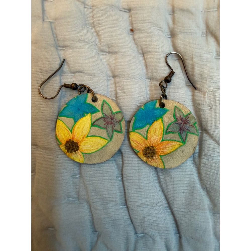 Handmade Painted Flower Disc Drop Earrings Sunflower Boho Bronze Hooks